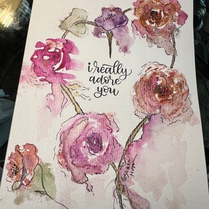 Romantic engagement hand painted watercolor card, hearts and flowers, I really adore you Give back 20% to childhood charity from purchase image 1