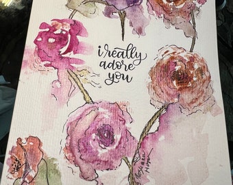 Romantic engagement hand painted watercolor card, hearts and flowers, "I really adore you"  Give back 20% to childhood charity from purchase