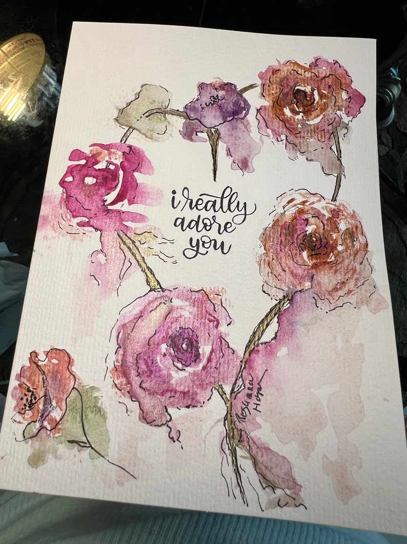 Romantic engagement hand painted watercolor card, hearts and flowers, I really adore you Give back 20% to childhood charity from purchase image 1