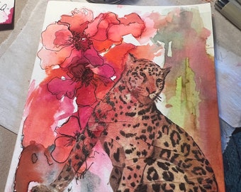 Leopard tropical watercolor blank greeting card 5x7.   20 percent of your purchase donated to Childhood cancer nonprofit, Bee Brave Buddies