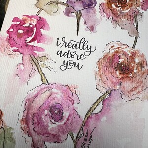Romantic engagement hand painted watercolor card, hearts and flowers, I really adore you Give back 20% to childhood charity from purchase image 3
