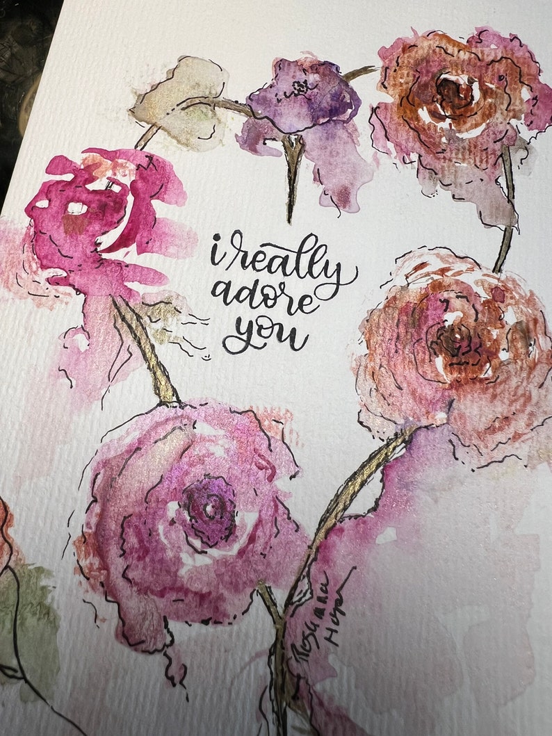 Romantic engagement hand painted watercolor card, hearts and flowers, I really adore you Give back 20% to childhood charity from purchase image 3