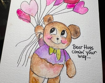 Cuddly bear Birthday card hand painted watercolor, balloon hearts, Bear hugs comin' your way..20% of purchase to childhood cancer