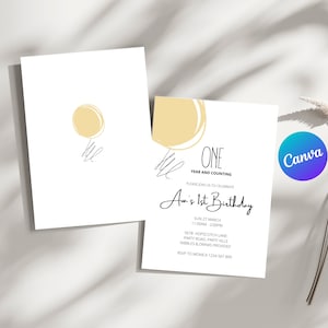 Plantilla de invitación de globo, invitación de cumpleaños mínima para niños, plantilla Canva editable, invitación de cumpleaños editable, plantilla de primer cumpleaños