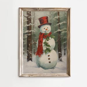 Schneemann im Winter druckbare digitaler Download Wandkunst Vintage Cottage Dekor Frostig der Schneemann Waldlandschaft Gemütliche Weihnachtsdeko