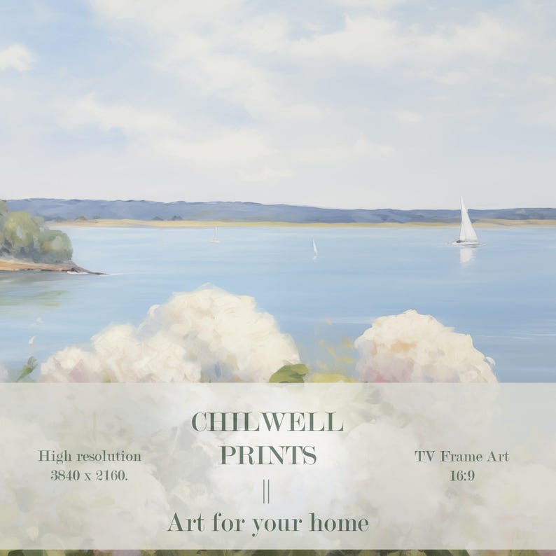 May include: A scenic landscape painting featuring a serene lake with sailboats under a cloudy sky. White and pink flowers are in the foreground. The text "CHILWELL PRINTS" and "Art for your home" are displayed.