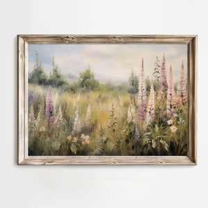 Foxgloves in Summer, Printable Wall Art, Cottage Farmhouse Decor, Vintage, Countryside Farmland landscape, Impressionist painting