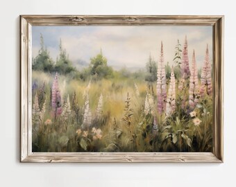 Digitales en été, art mural imprimable, décoration de maison de ferme, vintage, paysage de campagne, peinture impressionniste