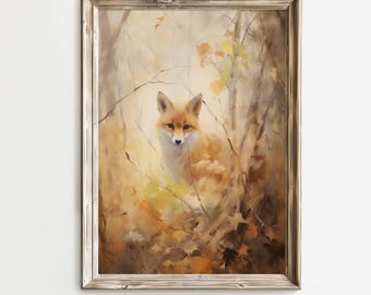 Wild Fox in a Woodland landscape Printable Digital Download Wall Art Cottage Decor Vintage Countryside Wildlife Impressionist painting