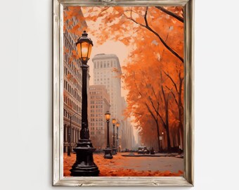 May include: A painting of a city street lined with trees in autumn. The leaves are a vibrant orange and red. A street lamp with a lit light stands in the foreground.