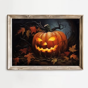 Creepy Carved Pumpkin Halloween Decor Dark Magic Wall Art Scary Jack o Lantern Digital Download Spooky Halloween Printable Impressionist Art