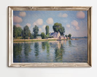 Summer Lakeside view, Printable wall Art, Cottage Farmhouse Decor, Vintage, serene peaceful landscape, Impressionist painting