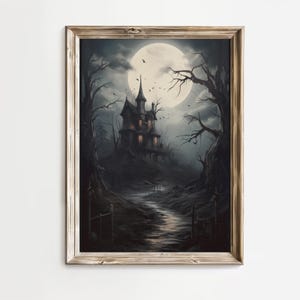 Casa espeluznante de noche Decoración de Halloween Oscura Gótica aterradora Descarga digital Arte de pared de casa fantasmal Casa espeluznante Arte espeluznante imprimible