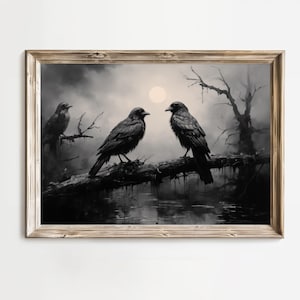 Three Halloween Crows Dark Decor Wall Art Creepy Birds Digital Download Spooky Halloween Bird Murder of Crows Printable Impressionist Art