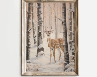 Deer in Winter Wonderland Printable Digital Download Wall Art Vintage Cottage Decor Deer in Snowy Woodland Landscape Cosy Christmas Decor
