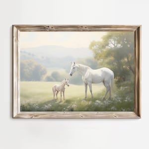 Jument et son poulain dans une prairie d&#39;herbes, art mural numérique imprimable, décoration de chalet vintage, paysage de campagne, cheval blanc, peinture impressionniste