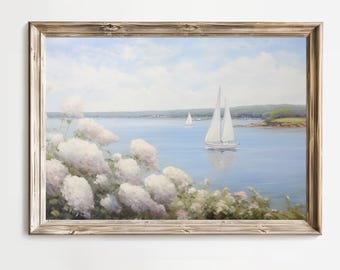 Sailing Boats On A Summers Day, Printable Wall Art, Nautical Charm, Cottage Farmhouse Decor, Coastal Vintage, Impressionist painting