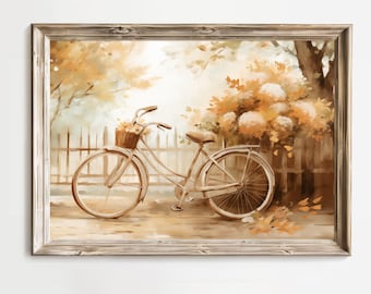 Vintage Bike With Flower Basket on a Blustery Autumn Day, Printable wall Art, Bicycle Art, Town landscape, Impressionist painting