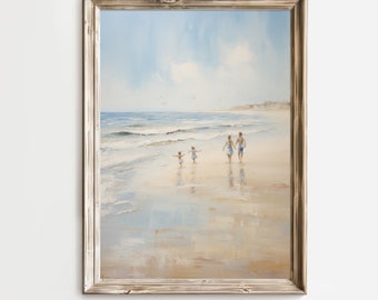 Walking along the Beach, Printable Wall Art, Family Beachfront summer, Vintage, Paddling at the Beach landscape, Impressionist painting
