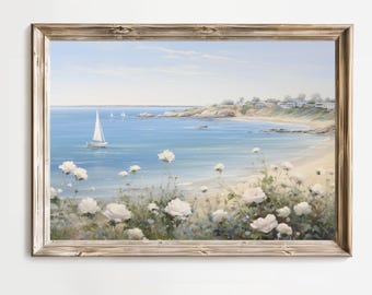 Sailing Boats And Roses On The Coast Printable Wall Art Digital Download Nautical Charm Cottage Farmhouse Decor Coastal Vintage Painting