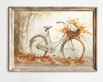 Vintage Florist Bike With Flower Basket in Autumn Digital Download Printable wall Art Bicycle Art Country landscape Impressionist painting