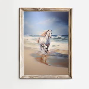 Cheval blanc qui traverse la mer, art mural imprimable impression de cheval, paysage de campagne, décoration d&#39;intérieur, peinture impressionniste