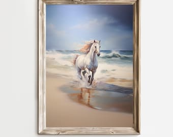 May include: A framed painting of a white horse running on a beach with waves crashing in the background. The sky is blue with white clouds.