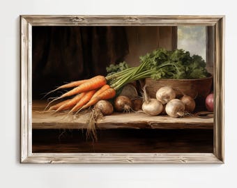 Vegetable Harvest on a Farmhouse Kitchen Table, Printable Wall Art, Autumn Bounty, Cottage Farmhouse Decor, Vintage, Impressionist painting