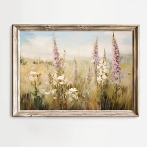 Foxgloves in a Summer Meadow, Printable Wall Art, Cottage Farmhouse Decor, Vintage, Countryside Farmland landscape, Impressionist painting
