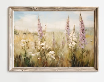 Digitales dans une prairie d'été, art mural imprimable, décoration de maison de ferme, vintage, paysage de campagne, peinture impressionniste