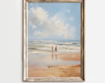 Playing at the Beach in Summer Time, Printable Wall Art, Beachfront Decor, Vintage, Paddling at the Beach landscape, Impressionist painting