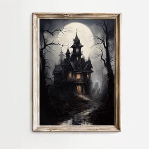 Haunted House on the Hill Halloween Decor Scary Digital Download Ghost Wall Art Spooky Home Printable Creepy Art
