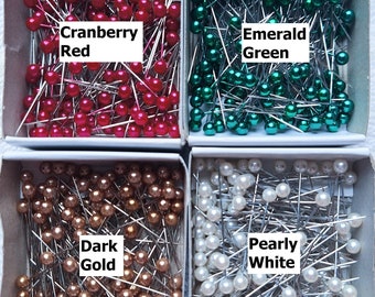 Pearl Head Craft Pins SHARP Hobby Pins - Cranberry Red, White Pearl, Emerald Green and Dark Gold - Beaded Ornament Pins - FREE USA Shipping!