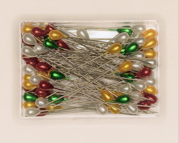 Christmas Ornament Pins Pearl Pins Corsage - 80 Teardrop Pearl Headed Pins  - 2.5 Long - Christmas Colors of Red, Green, Gold & White Pearl