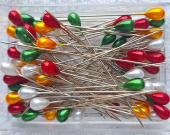 Christmas Ornament Pins Pearl Pins Corsage - 80 Teardrop Pearl Headed Pins - 2.5" Long - Christmas Colors of Red, Green, Gold & White Pearl