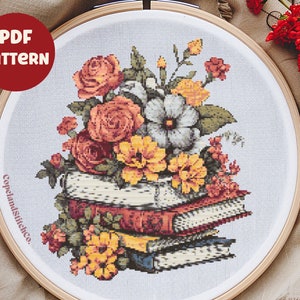 Patrón de punto de cruz de libros florales mágicos con acuarela, patrón Cottagecore en PDF, libros antiguos y flores, punto de cruz moderno, bordado a mano