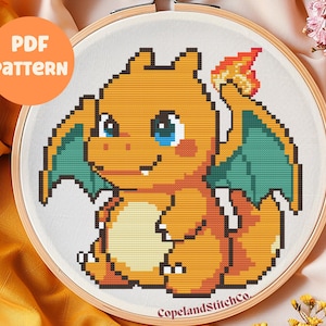 Chibi Charizard Cross Stitch Pattern, Instant PDF Download - Pixel Art, Gaming Cross Stitch, Cozy Cross Stitch, Kawaii, Modern Cross Stitch.