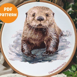 Süßes Otter Kreuzstichmuster, sofortiger PDF Download - Pixel Art, Aquarell Kreuzstichmuster - Waldtiere, gemütlicher Kreuzstich