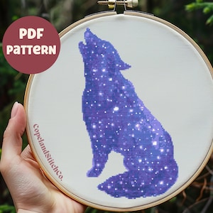 Galaxy Wolf Cross Stitch Pattern: Watercolor Pixel Art (PDF Download)