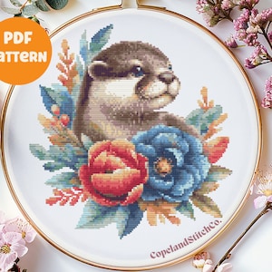 Blumen Otter Kreuzstichmuster: Aquarell Pixel Art (PDF Download)