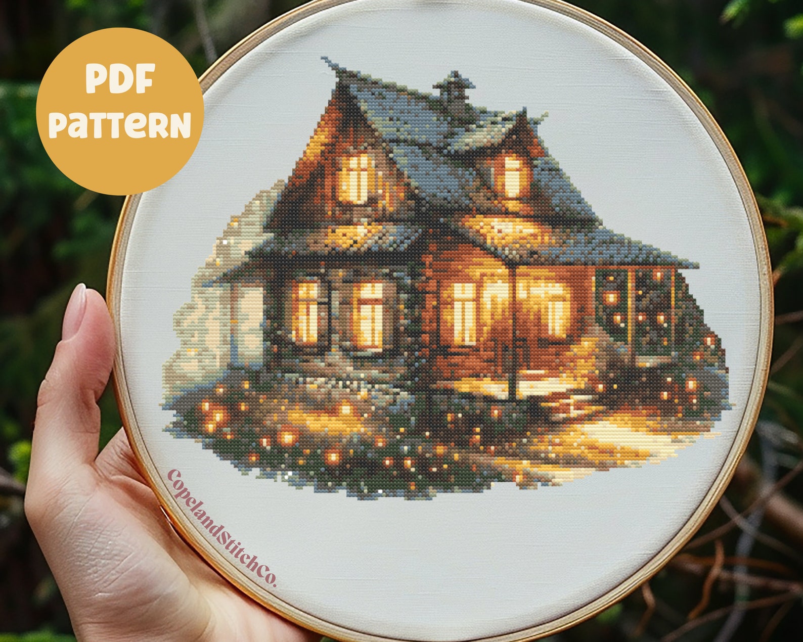 Cottagecore Glowing Cabin Cross Stitch Pattern, Forest Cabin, Rustic ...