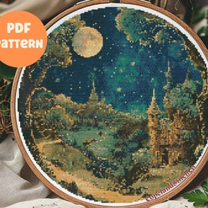 Moonlit Castle Cross Stitch Pattern: Forest Night Sky (Digital PDF)