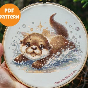 Süßes Otter Kreuzstichmuster, sofortiger PDF Download - Pixel Art, Aquarell Kreuzstichmuster - Waldtiere, gemütlicher Kreuzstich
