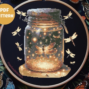 Cottagecore Glowing Dragonfly Jar Pattern, Insect Jar, Dragonfly Embroidery Pattern, Counted Cross Stitch Chart, Dragonfly Cross Stitch