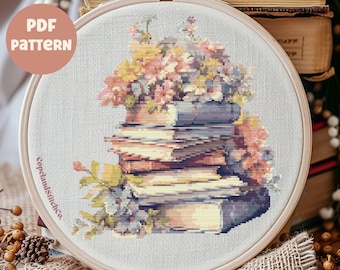 Floral Books Cross Stitch Pattern: Vintage Cottagecore Design (PDF Pattern)