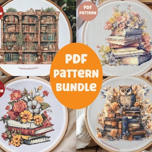 Zestaw wzorów do haftu krzyżykowego „Aquarelle Book Library”: Cottagecore Decor (wzór w formacie PDF)