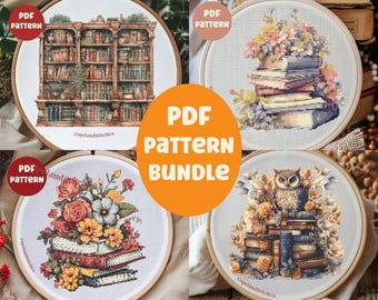 May include: A bundle of four PDF cross-stitch patterns featuring a bookshelf, a stack of books with flowers, a stack of books with an owl, and a stack of books with flowers. The patterns are all in a light blue color scheme and are perfect for any cross-stitch enthusiast.