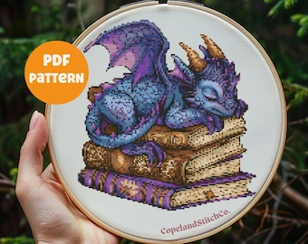 Purple Dragon on Books Cross Stitch Pattern (PDF Download)
