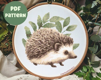 Hedgehog Cross Stitch Pattern - Watercolor leaves, Woodland Animals, PDF Digital Download