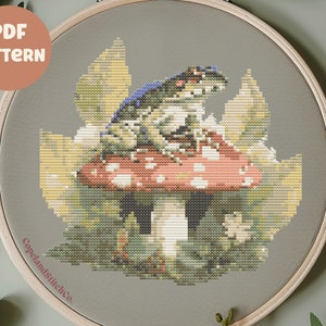 Mushroom Frog Pixel Art Cross Stitch Pattern, Instant PDF Download - Froggy Embroidery, Cozy Cottagecore, Modern Cross Stitch Pattern